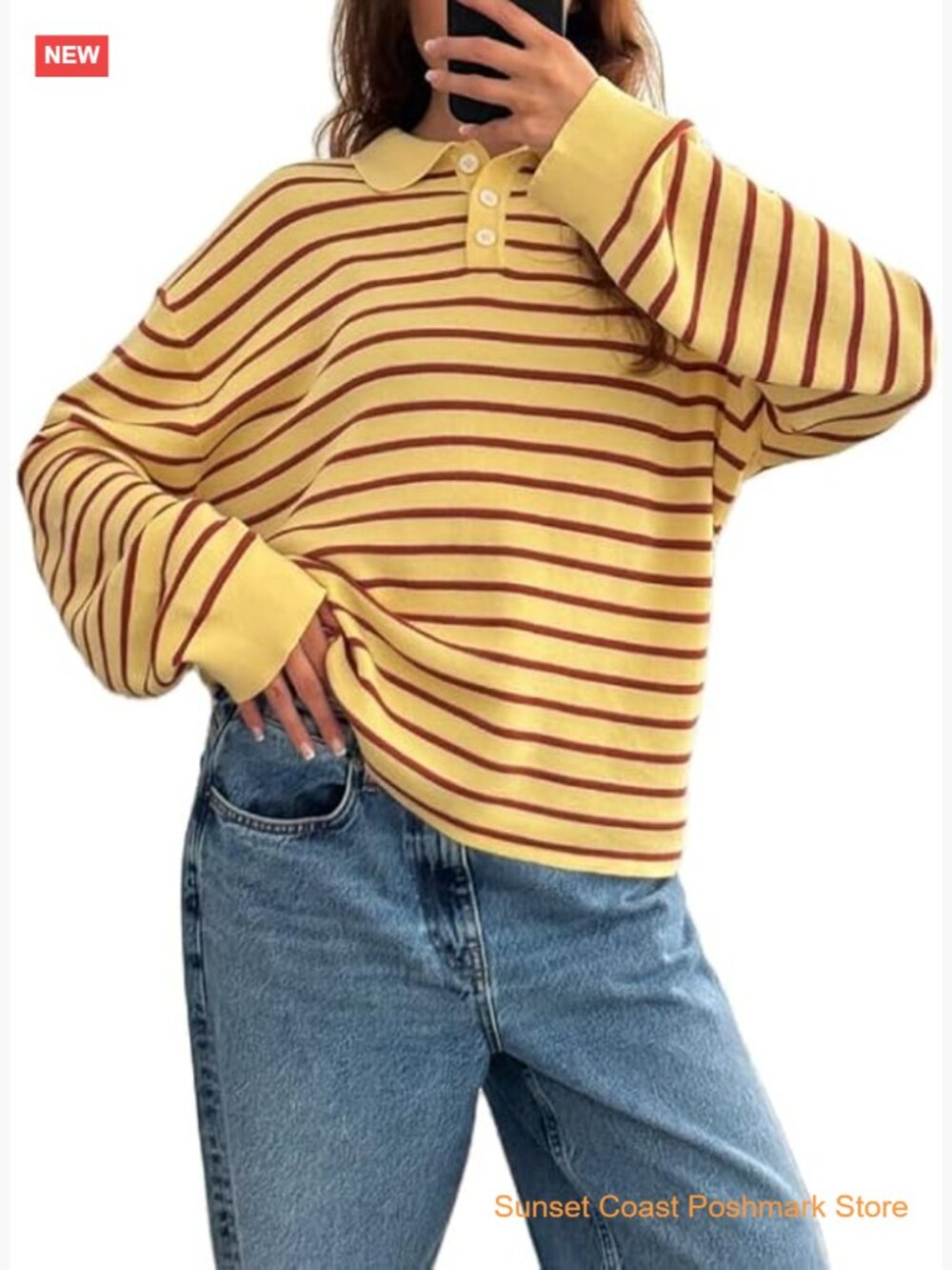 Striped Oversized Wool Blend Collared V Neck Pullover Polo Sweatshirt